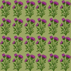 A watercolor seamless pattern featuring vibrant purple thistle flowers with green stems and leaves, arranged in a grid format on a green background.