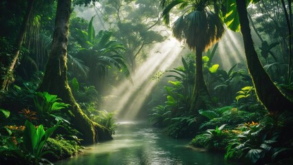 Naklejka premium The tropical jungle featuring a river, sunbeams, and fog in the garden.