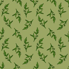 Obraz premium A watercolor seamless pattern featuring green leaves are intricately designed, showcasing various on a green background.