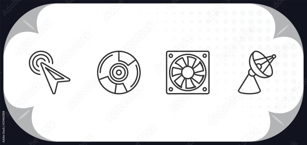 Poster outline icons set - hardware concept. mouse pointer, , computer fan, parabolic.