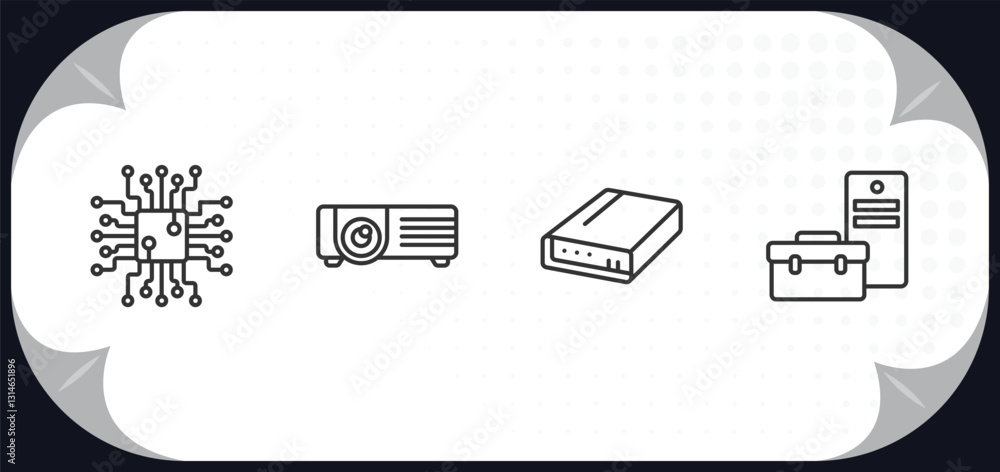Poster outline icons set - hardware concept. circuits, video projector, local disk, device manager.
