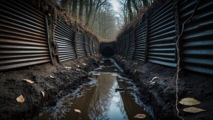 The preserved World War One allied trenches and dugouts located at Sanctuary Wood in Flanders, Ypres.