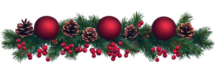 Festive Christmas Garland with Spruce Branches, Red Baubles, Pine Cones & Berries on White Background, Holiday Decor