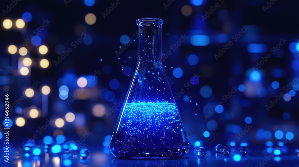 Poster close-up of deep blue liquid in a conical glass flask with sparkles and bokeh background