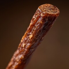 Detailed Close-up of a Delicious Beef Stick Against a Brown Background, Showcasing Texture and Aroma.