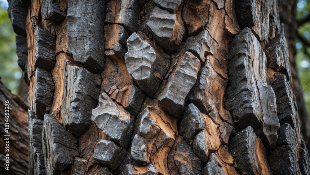Poster a striking close-up of the rough, aged bark of a tree. the complex network of deep fissures and prot