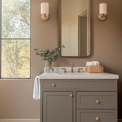 Elegant Bathroom Vanity Area with Natural Light, Neutral Tones, and Stylish Accents