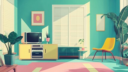 Fototapeta premium Retro Living Room Sunlit Interior Design - 70s Aesthetic