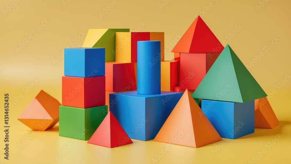 Fototapete set of vibrant geometric blocks or cube toys on a yellow backdrop with space for text. abstract desi