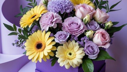 Bouquet of various flowers arranged in a box, highlighting a mix of colors and scents that convey elegance and beauty.