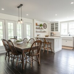 Elegant Farmhouse Kitchen with Dark Wood Floors and Natural Light Flowing Through the Windows 