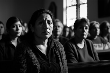 Concerned Woman Sitting in Church Pew