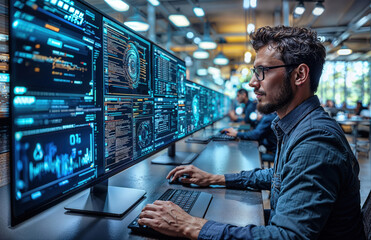 Cybersecurity expert monitoring digital threats on multiple screens in high-tech control center with futuristic interface