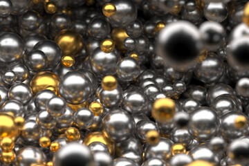 Shimmering metallic spheres in gold and silver tones for abstract design and background. 3d render