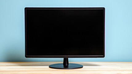 Black Computer Monitor on Wooden Desk Against Light Blue Wall
