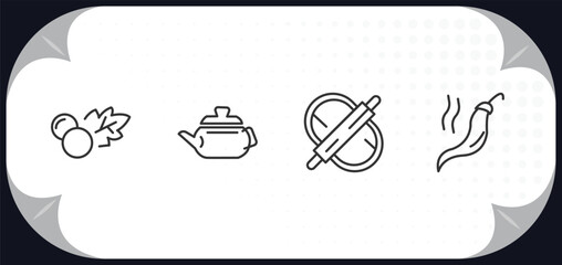 outline icons set - gastronomy concept. mustard, teapot, dough, spice.