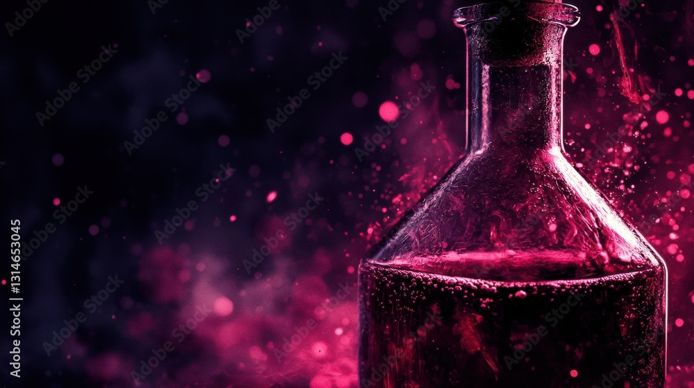 Poster close-up of dark maroon liquid in flask with dense bubbles illuminated by soft light