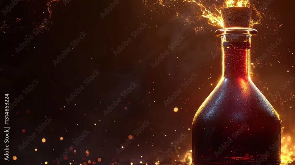 Poster close up of dark maroon liquid in a flask with dense texture against a dramatic background of light 