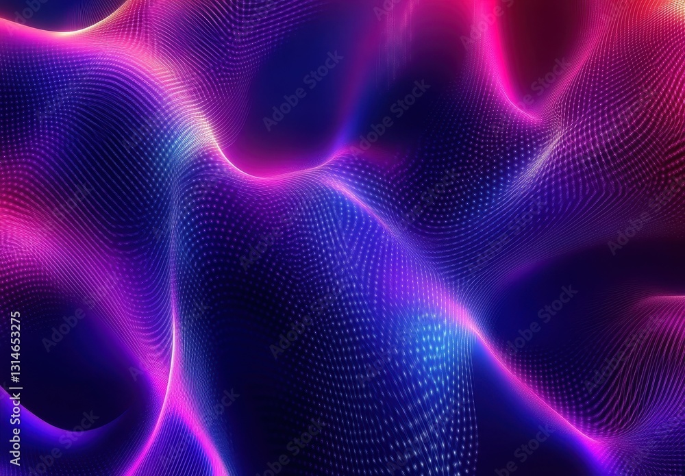 Poster abstract vibrant waves of purple and blue light with glowing dots and smooth texture creating a mesm