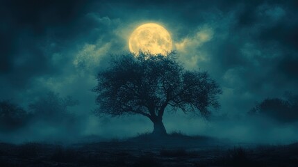 A large, bright full moon dominates the sky against a backdrop of dark, swirling clouds.