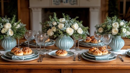 Elegant table setting with flowers and pastries in a rustic home