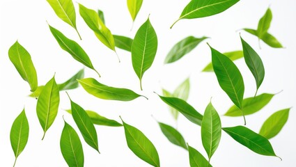 Green leaves floating in the air set against a white background.