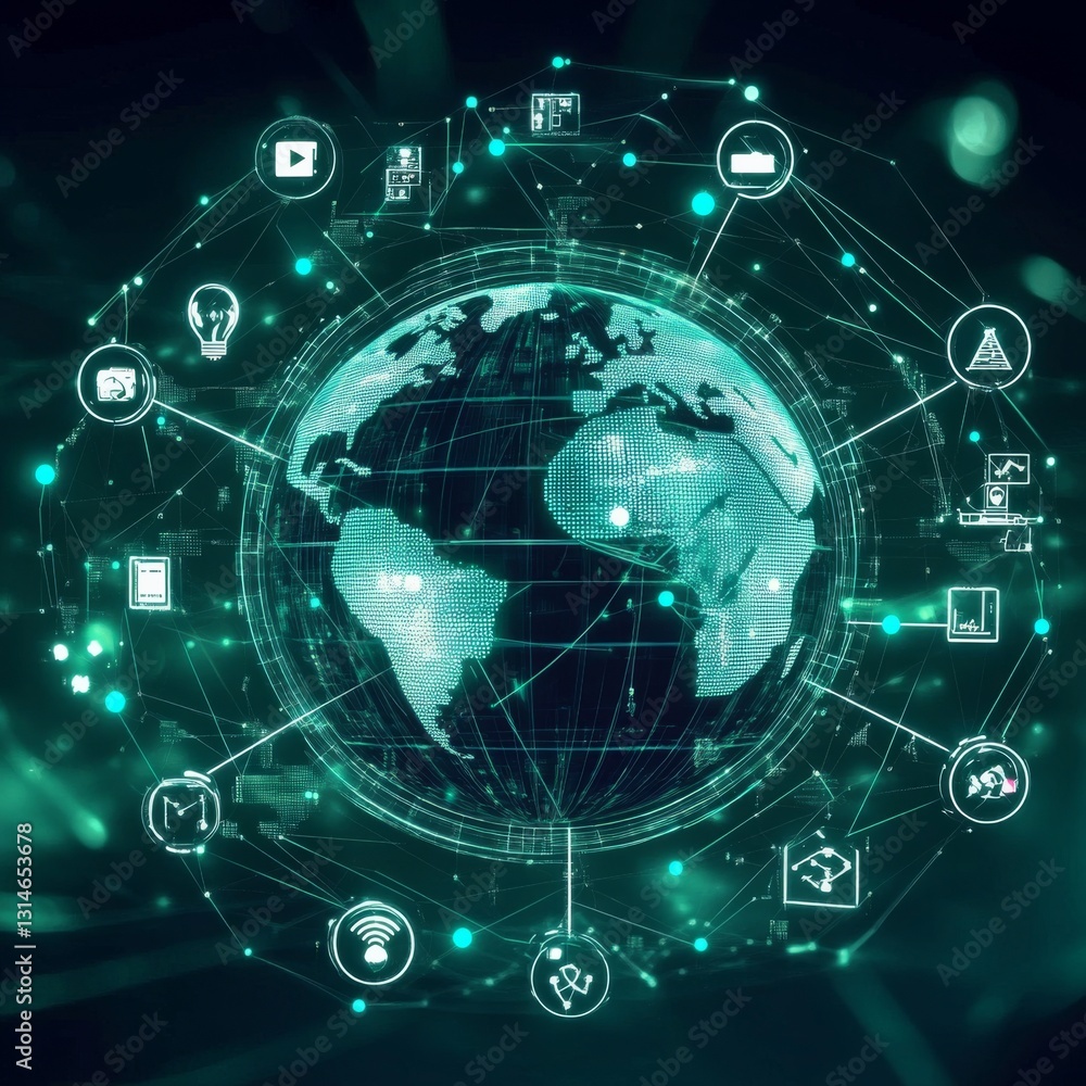 Leinwandbilder global network communication: digital earth with connected icons, representing global data and conne