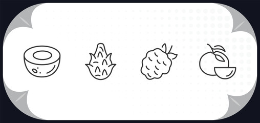 outline icons set - fruits and vegetables concept. coconut, dragon fruit, blackberry, tangerine.