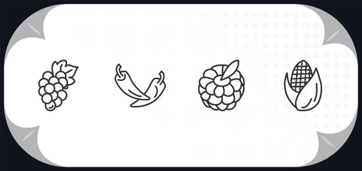 outline icons set - fruits and vegetables concept. grape, pepper, raspberry, corn.