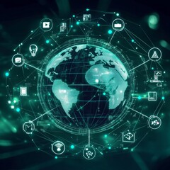 Global Network Communication: Digital Earth with Connected Icons, Representing Global Data and Connectivity.