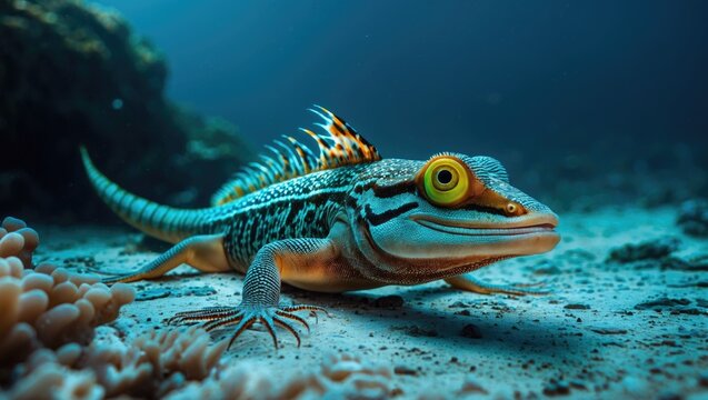 Variegated lizardfish is resting on the seabed.