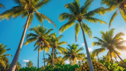 Obraz premium Coconut palm trees with vibrant greenery set against a clear blue sky reflect tropical serenity and natural beauty.