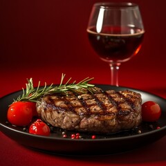 Grilled Steak with Rosemary, Cherry Tomatoes, and Red Wine: A Delicious and Elegant Meal on Dark Background