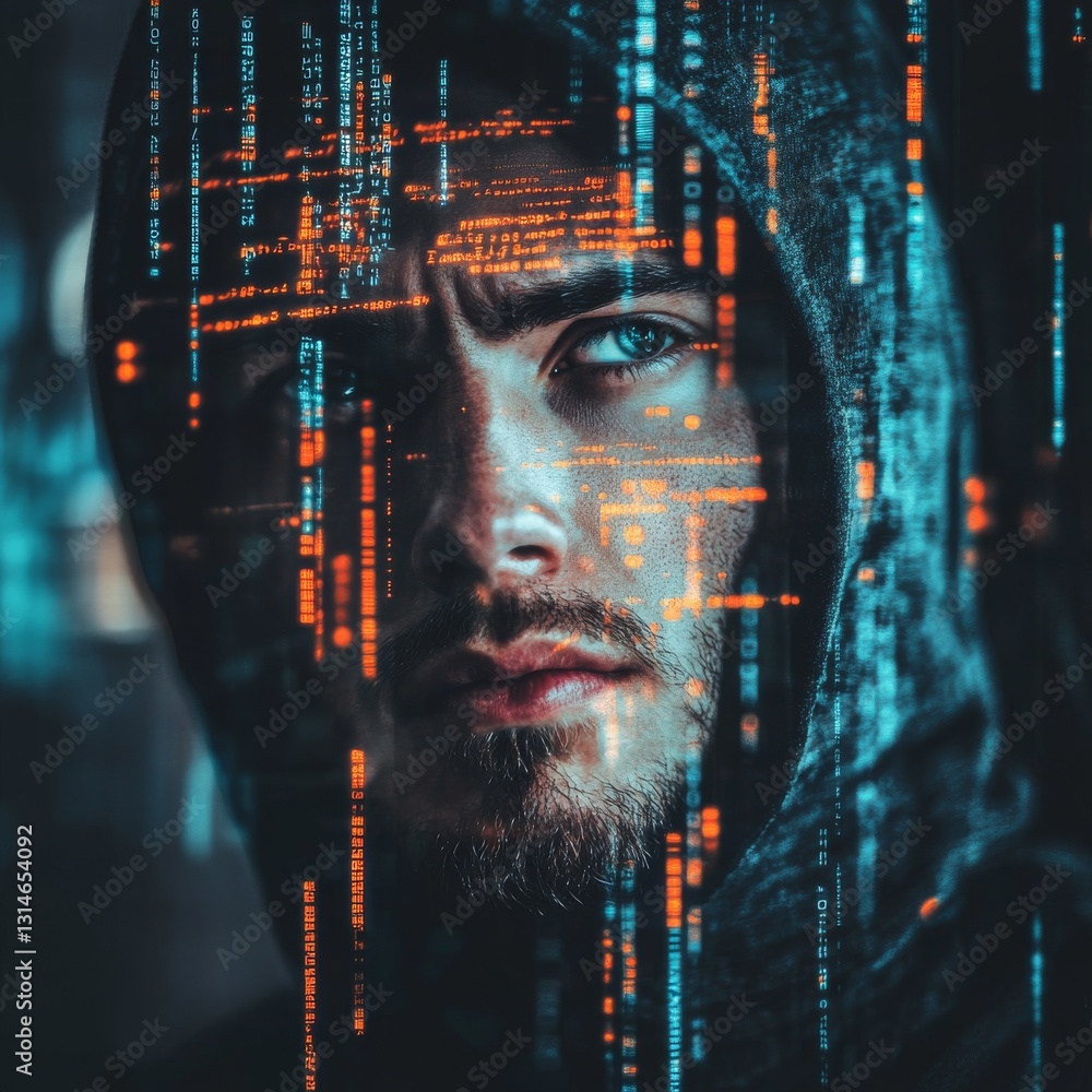 Poster Hacker in the digital realm: Hooded figure amidst flowing code, merging the human and technological worlds in a cybernetic dance.