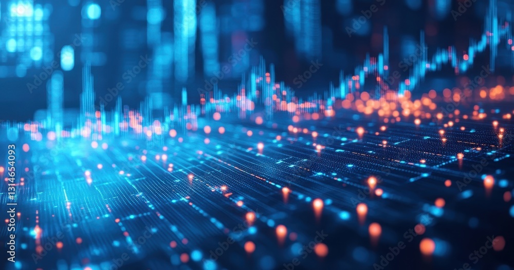 Poster abstract visualization of financial data with colorful light patterns and digital elements represent