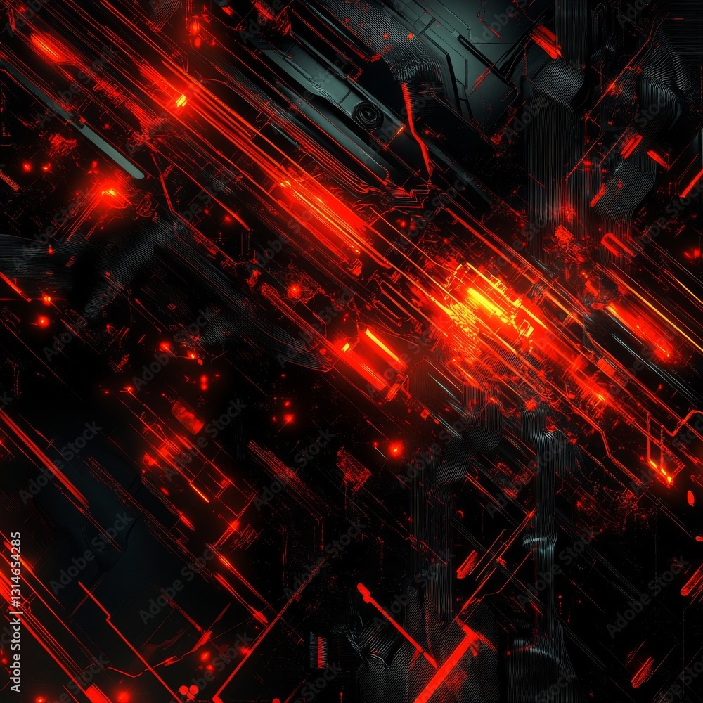Fototapete high-tech circuitry: abstract futuristic design with glowing red lines and dark geometric shapes, cr