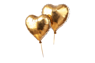 A pair of floating golden heart-shaped helium balloons Isolated on White and Transparent Background PNG Image.