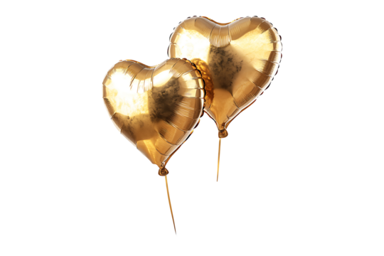 A pair of floating golden heart-shaped helium balloons Isolated on White and Transparent Background PNG Image.