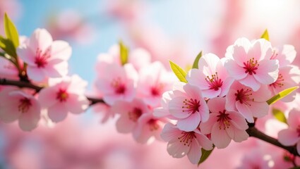 Close-up view of cherry blossoms featuring blooming pink petals and evident stamens at various stages of bloom, with a softly blurred light background.