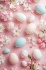 Fototapeta premium Decorative Easter Eggs on Pink Floral Background