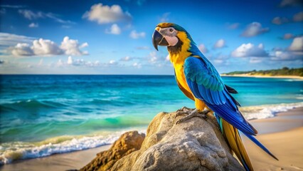 A Vibrant Blue-and-Gold Macaw Perched on a Coastal Rock, Gazing Out at a Sparkling Ocean Under a Sunny Sky