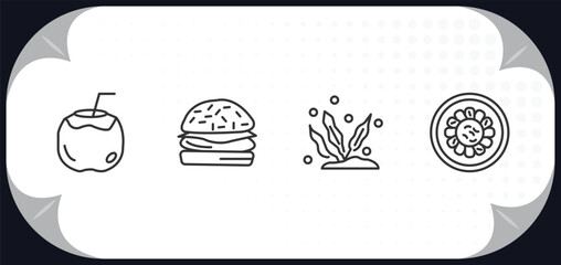 outline icons set - food concept. drink in a coconut, burguer, sea life, fuqi feipian.