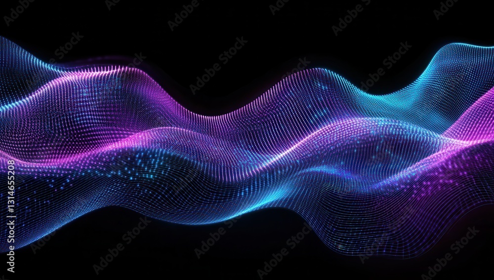 Poster abstract wave of colorful digital particles flowing in a smooth wave pattern against a black backgro