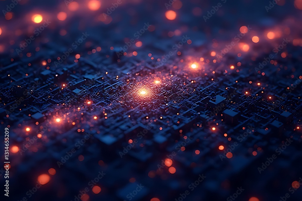 Poster illuminated particle dynamics abstract space digital art futuristic environment close-up view techno