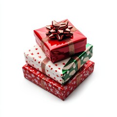 Stacked Christmas Gifts: A Festive Pile of Wrapped Presents with Bows and Colorful Paper on a Clean White Background