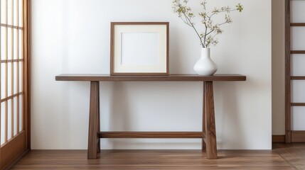Minimalist Wooden Console Table with Blank Frame and Vase