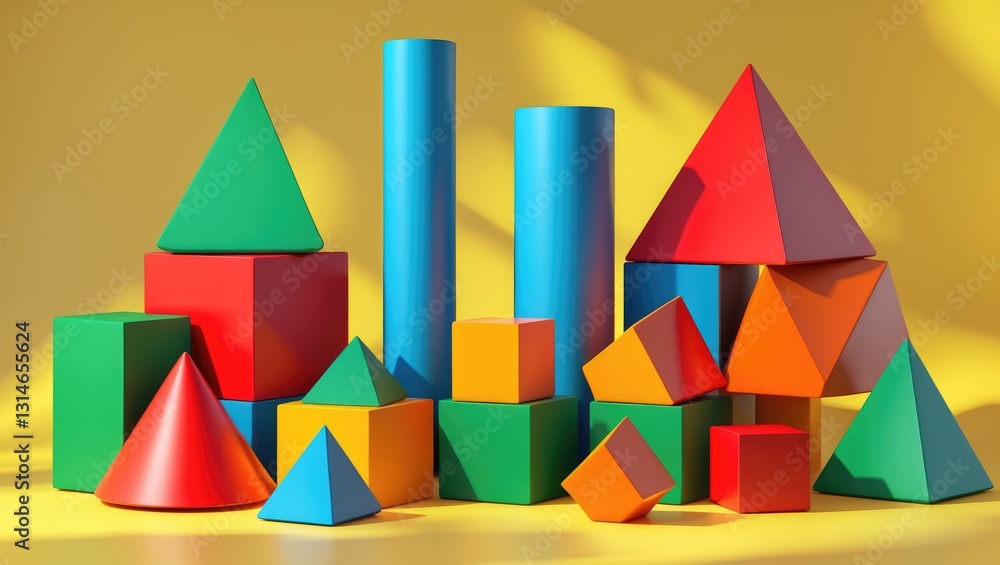 Poster set of vibrant geometric cube or block toys on a yellow background featuring copy space. abstract co