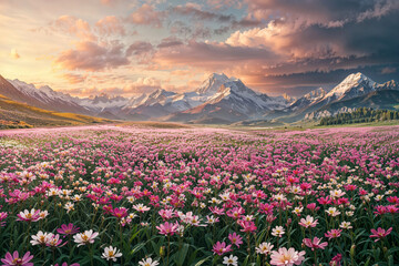 Obraz premium Vibrant wildflower meadow in mountain valley with dramatic sky and majestic peaks during colorful spring sunset