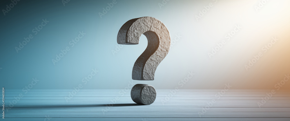 Poster stone large question mark on light blue wood surface, against a gradient background. represents inqu