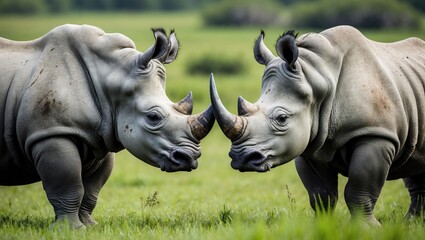 two male southern white rhinos facing off before engaging in a fight to test their strength and assert dominance in the wild plains